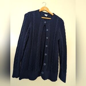 L.L. Bean Chunky Cable Knit Cardigan %100 Cotton Sweater Size Large Navy Blue